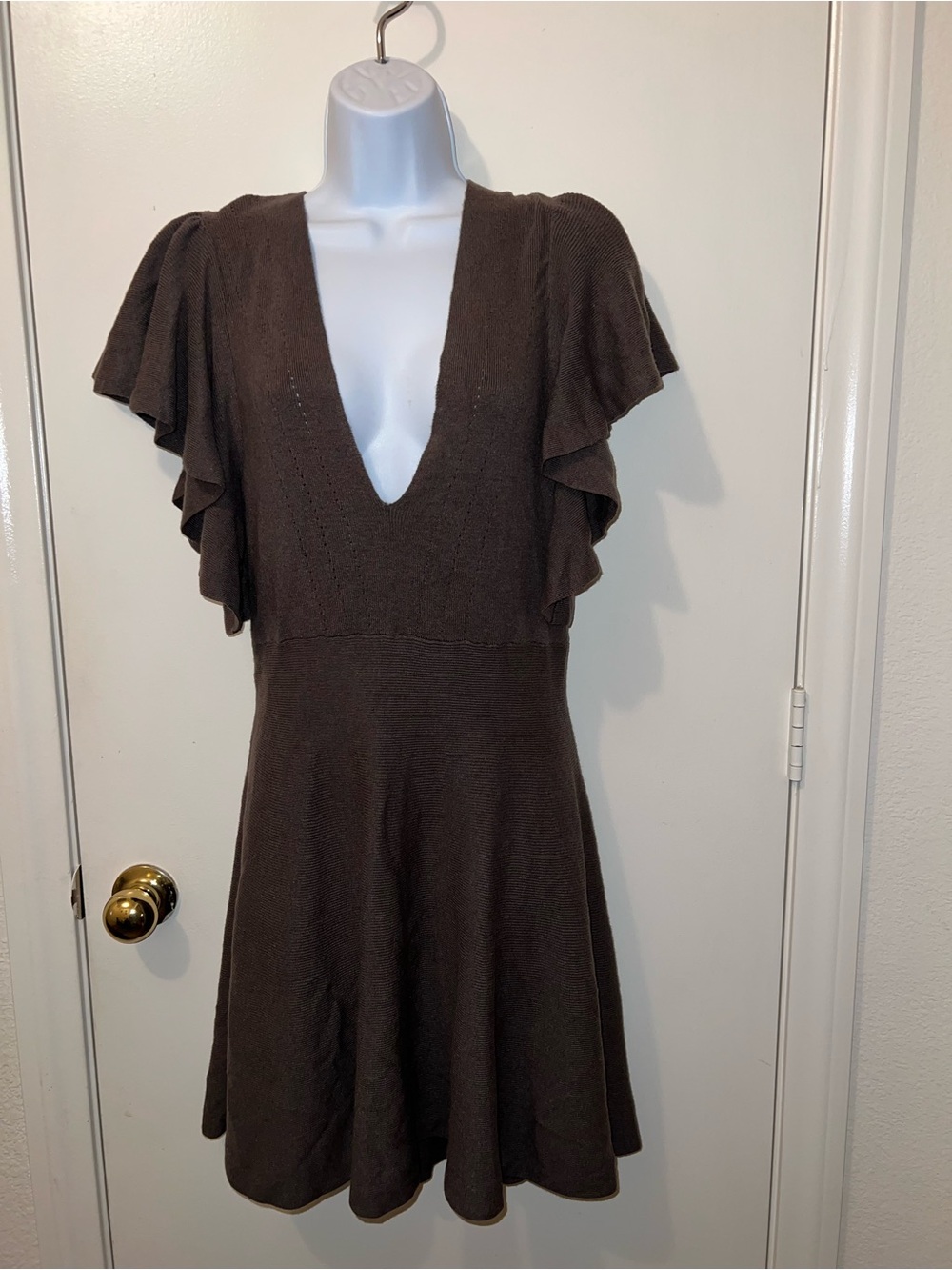 Free People Brown Deep V Flutter-Sleeve Mini Dress